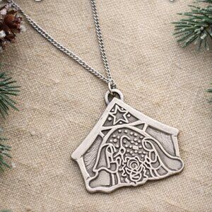 Vintage Cynthia Webb Engraved Nativity Necklace Pewter Religious Pendant 1993